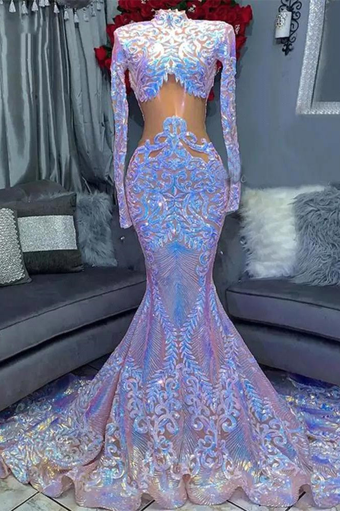 Long Sleeves High Neck Mermaid Prom Dress UK with Sequins Lace-ballbellauk