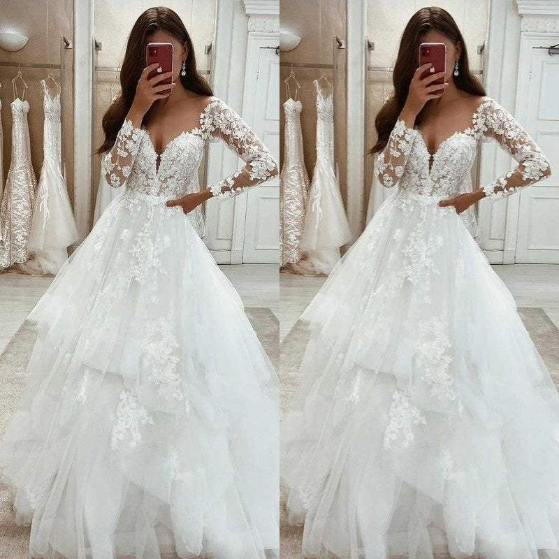 Long Sleeves Lace Wedding Dress Princess Bridal Gown V-Neck-ballbellauk