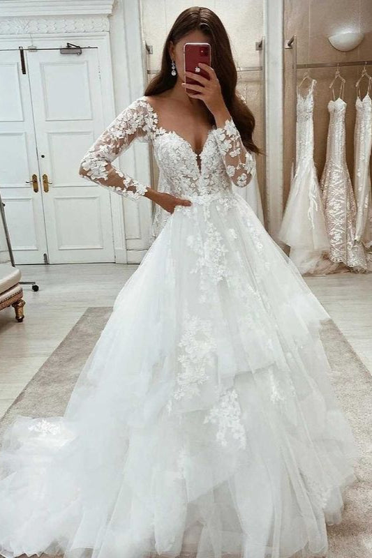 Long Sleeves Lace Wedding Dress Princess Bridal Gown V-Neck-ballbellauk