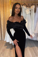 Long Sleeves Mermaid Evening Dress with Split - Black-ballbellauk