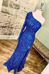 Long Sleeves One Shoulder Prom Dress UK with Sequins and Split-ballbellauk