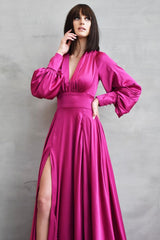 Long Sleeves Slit V-Neck Prom Dress UK-ballbellauk