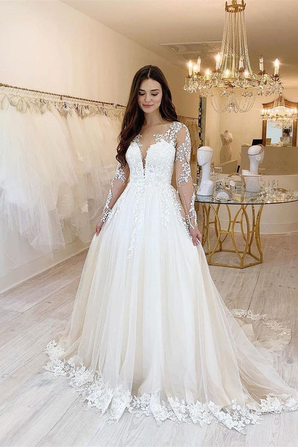 Long Sleeves Tulle Sweetheart Lace Wedding Dress UK-ballbellauk