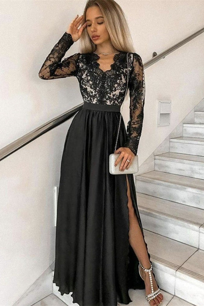 Long Sleevs Split Prom Black Dress-ballbellauk