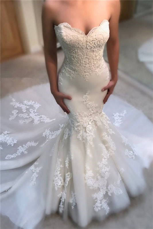 Long Sweetheart Mermaid Wedding Dress UK with Lace Appliques-ballbellauk