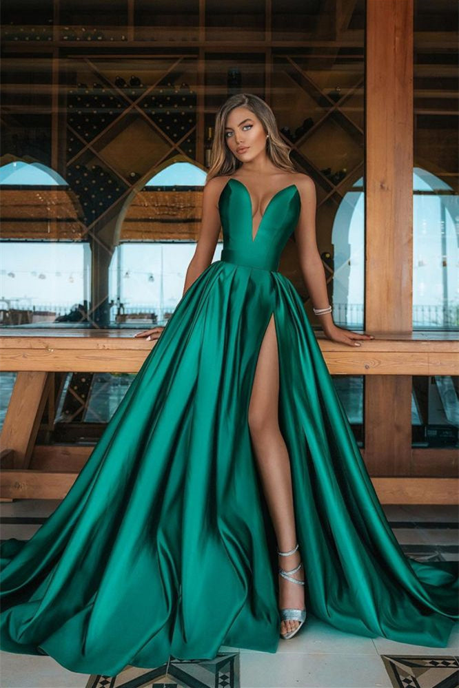 Long V-Neck Emerald Green Prom Dress UK with Split-ballbellauk