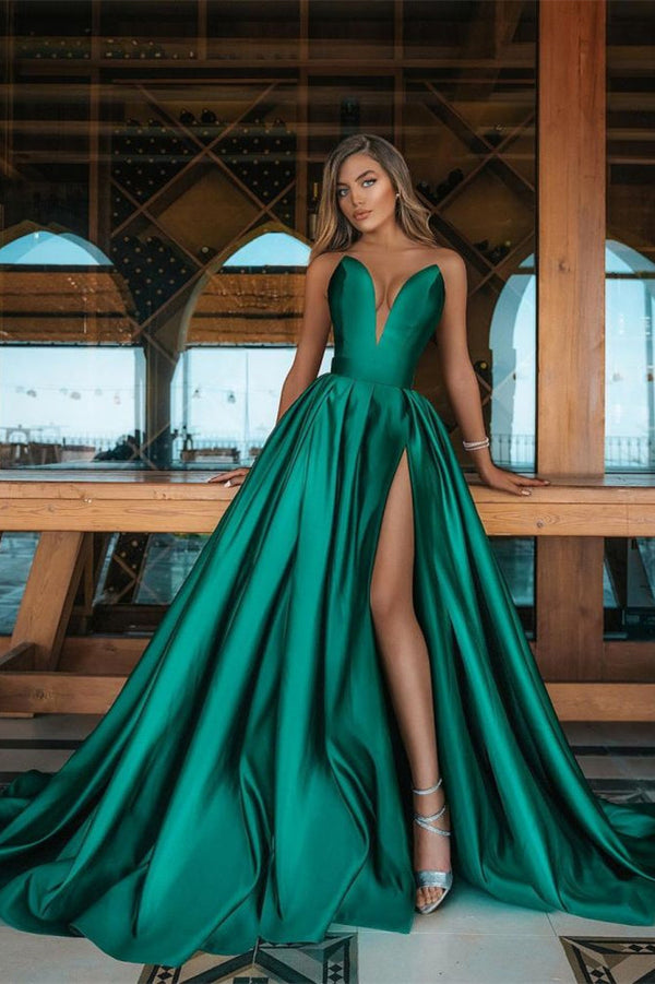 Long V-Neck Emerald Green Prom Dress UK with Split-ballbellauk