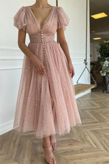 Look Elegant in Pink V-Neck Short Sleeves Prom Dress UK with Sequins Taupe-ballbellauk