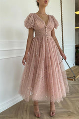 Look Elegant in Pink V-Neck Short Sleeves Prom Dress UK with Sequins Taupe-ballbellauk