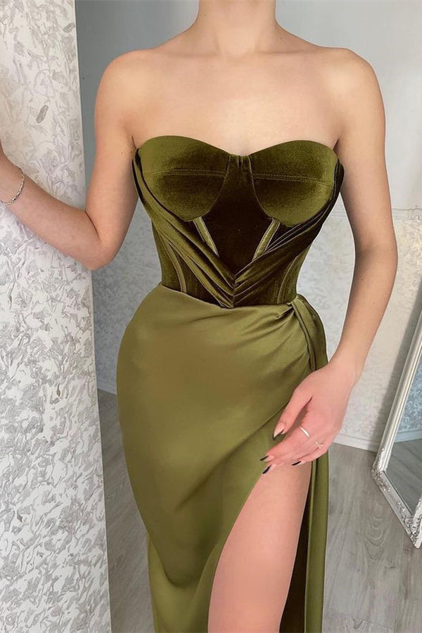 Look Elegant in Strapless Mermaid Evening Dress With Split Olive Green-ballbellauk