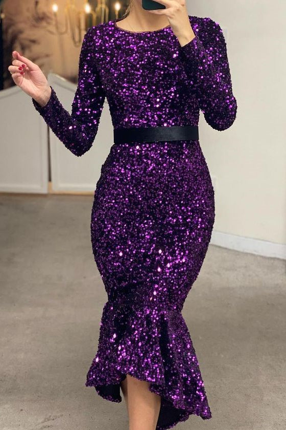 Look Radiant in the Mermaid Sequins Long Sleeves Prom Dress UK Online With Belt-ballbellauk