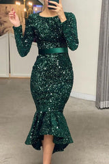 Look Radiant in the Mermaid Sequins Long Sleeves Prom Dress UK Online With Belt-ballbellauk