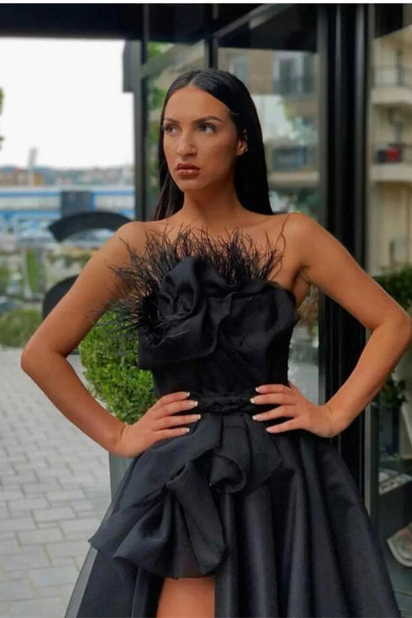 Look Stunning in a Long Black Prom Dress UK Split with Feathers-ballbellauk