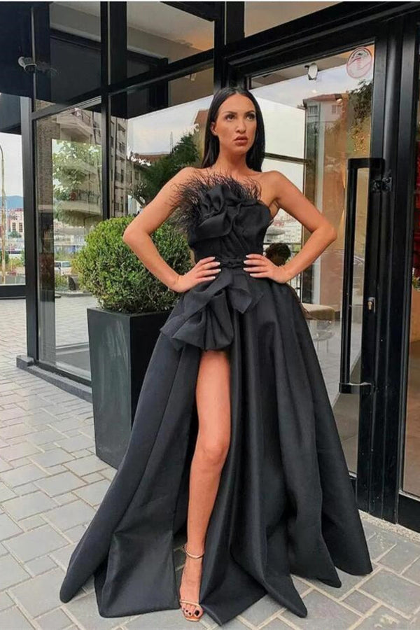 Look Stunning in a Long Black Prom Dress UK Split with Feathers-ballbellauk