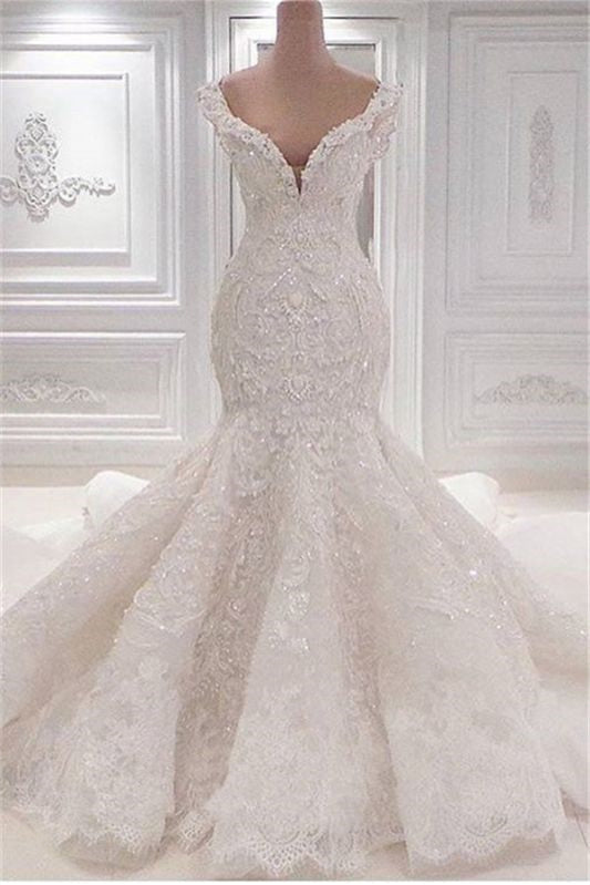 Luxurious Off-the-Shoulder Mermaid Wedding Dress UK With Lace Appliques-ballbellauk