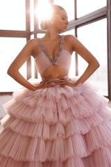 Luxurious Tulle Layer V-Neck Prom Dress UK - Deep Pink Sleeveless-ballbellauk