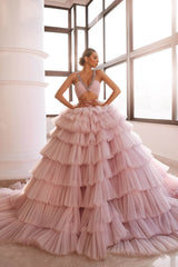 Luxurious Tulle Layer V-Neck Prom Dress UK - Deep Pink Sleeveless-ballbellauk