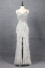 Luxury Sliver Mermaid Spaghetti Strap Prom Dress UK with Split Sleeveless and Feathers Beading-ballbellauk