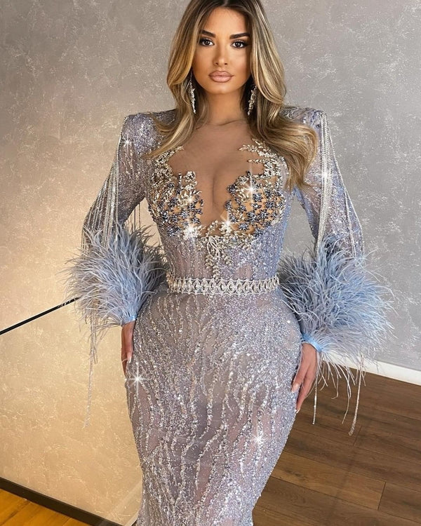 Mermaid Beaded Tassels Prom Dress UK with Feathers for Long Sleeves-ballbellauk