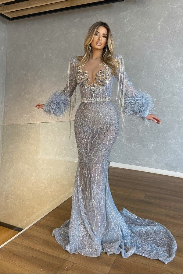 Mermaid Beaded Tassels Prom Dress UK with Feathers for Long Sleeves-ballbellauk