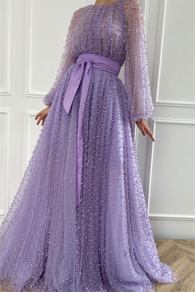 Mermaid Beadings Jewel Evening Dress With Belt and Pearls - Lilac-ballbellauk