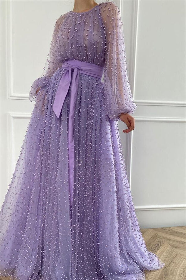 Mermaid Beadings Jewel Evening Dress With Belt and Pearls - Lilac-ballbellauk