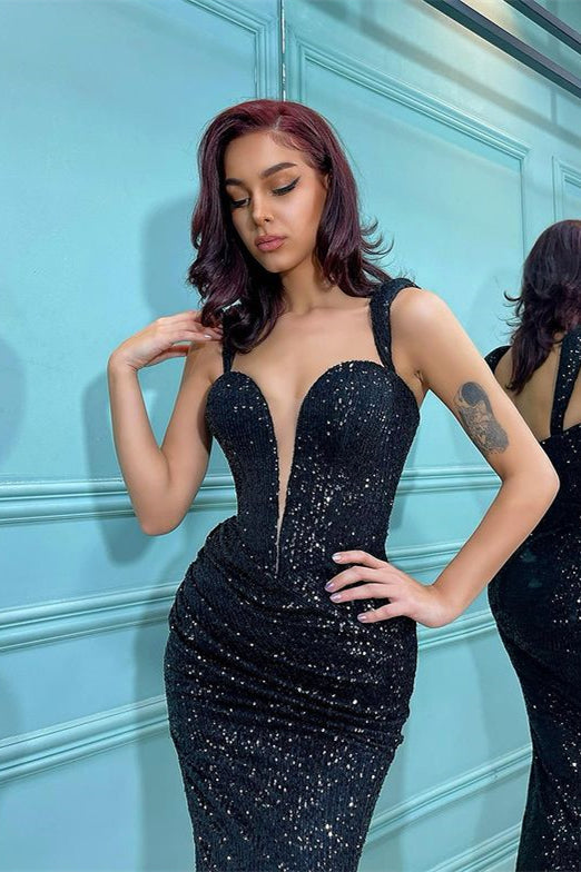 Mermaid Black Sequins Straps Prom Dress UK-ballbellauk