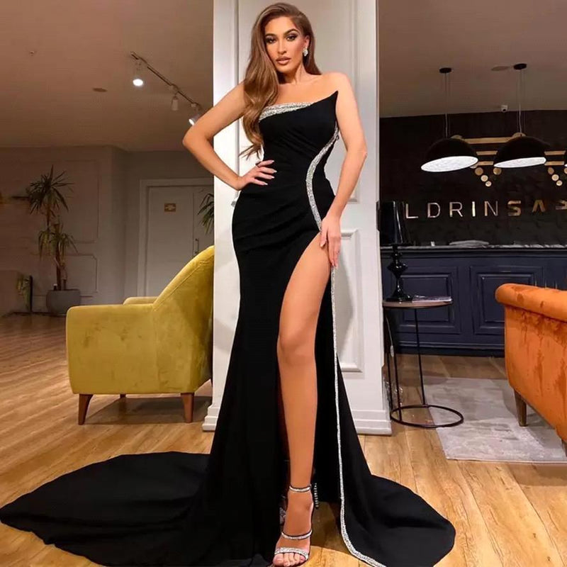 Mermaid Black Strapless Prom Dress UK with Slit-ballbellauk