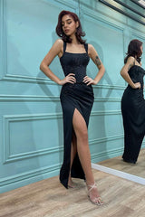 Mermaid Black Straps Prom Dress UK With Long Split-ballbellauk