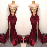 Mermaid Burgundy V-Neck Prom Dress UK Split with Lace Appliques-ballbellauk