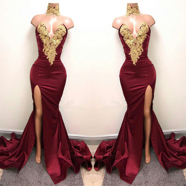 Mermaid Burgundy V-Neck Prom Dress UK Split with Lace Appliques-ballbellauk