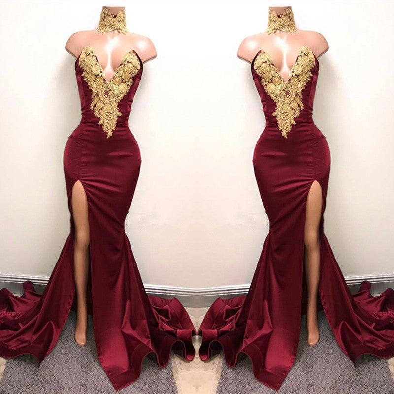 Mermaid Burgundy V-Neck Prom Dress UK Split with Lace Appliques-ballbellauk