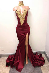 Mermaid Burgundy V-Neck Prom Dress UK Split with Lace Appliques-ballbellauk