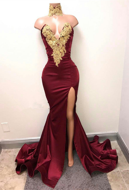 Mermaid Burgundy V-Neck Prom Dress UK Split with Lace Appliques-ballbellauk