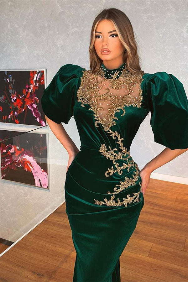 Mermaid Dark Green Bubble Sleeves Prom Dress UK-ballbellauk