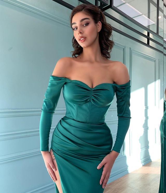 Mermaid Dark Green Long Sleeves Evening Dress-ballbellauk