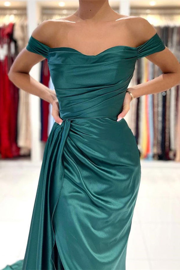 Mermaid Dark Green Off-the-Shoulder Prom Dress UK Split With Ruffles-ballbellauk