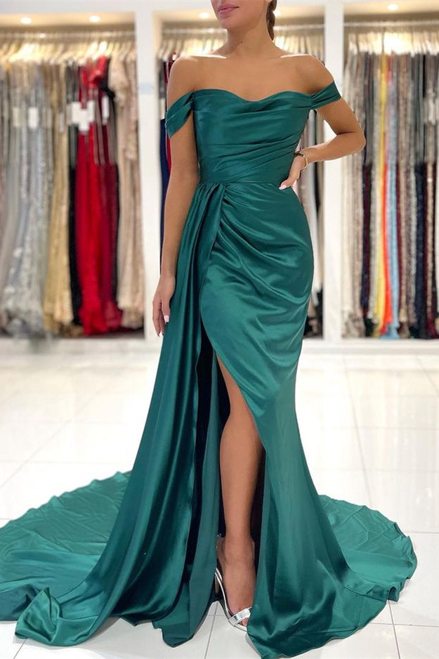 Mermaid Dark Green Off-the-Shoulder Prom Dress UK Split With Ruffles-ballbellauk