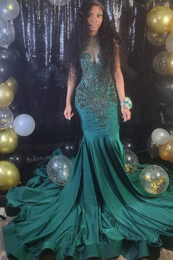 Mermaid Dark Green Sequins Prom Dress UK Embellished with Appliques-ballbellauk