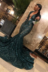 Mermaid Emerald Long Sleeves V-Neck Sequins Lace Prom Dress UK-ballbellauk