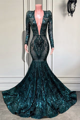 Mermaid Emerald Long Sleeves V-Neck Sequins Lace Prom Dress UK-ballbellauk