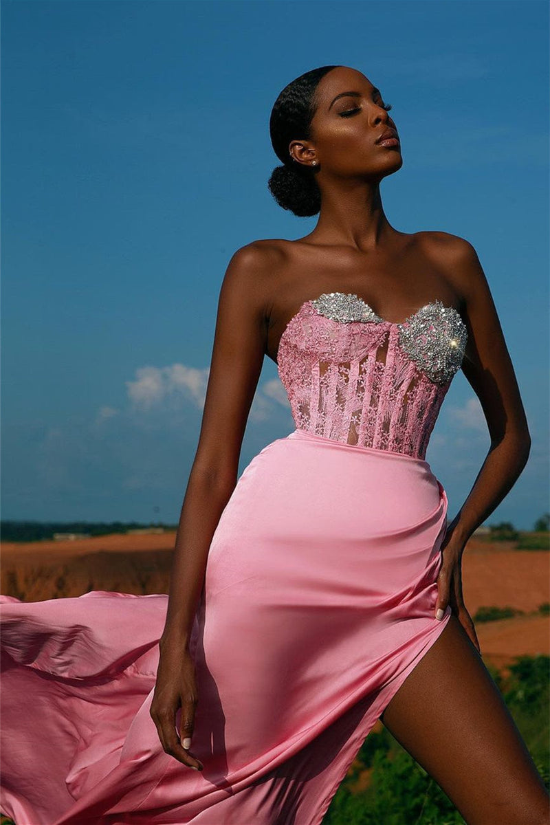 Mermaid Evening Dress - Sweetheart Split Pink with Lace Appliques & Beadings-ballbellauk