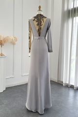 Mermaid Evening Dress with Appliques - Jewel Neck and Long Sleeves Floor Length-ballbellauk