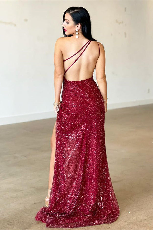 Mermaid Evening Dress with Backless - Burgundy One Shoulder Split-ballbellauk