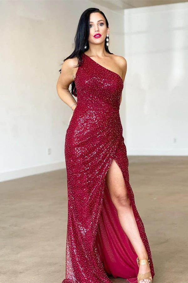 Mermaid Evening Dress with Backless - Burgundy One Shoulder Split-ballbellauk