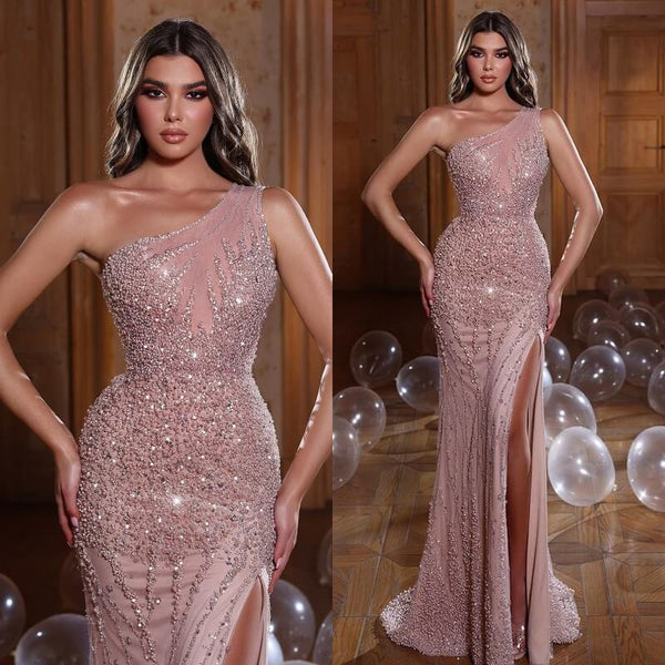 Mermaid Evening Dress with Pink Pearl Sequins and Beads Split One Shoulder-ballbellauk