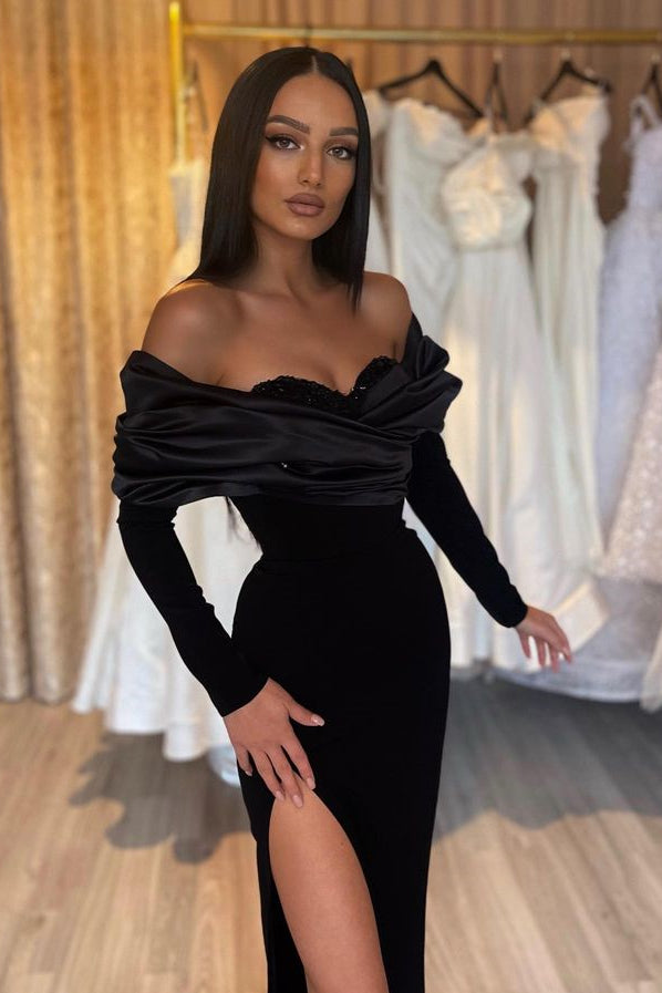 Mermaid Evening Dress With Split - Black Long Sleeves-ballbellauk