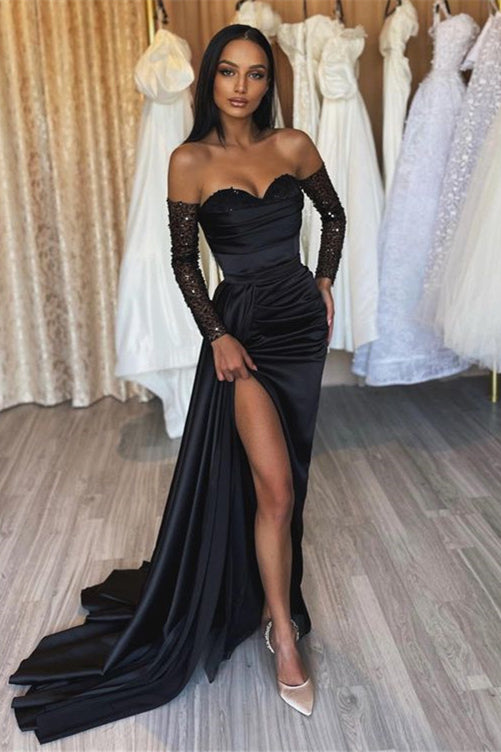 Mermaid Evening Dress With Split - Black Sequins-ballbellauk