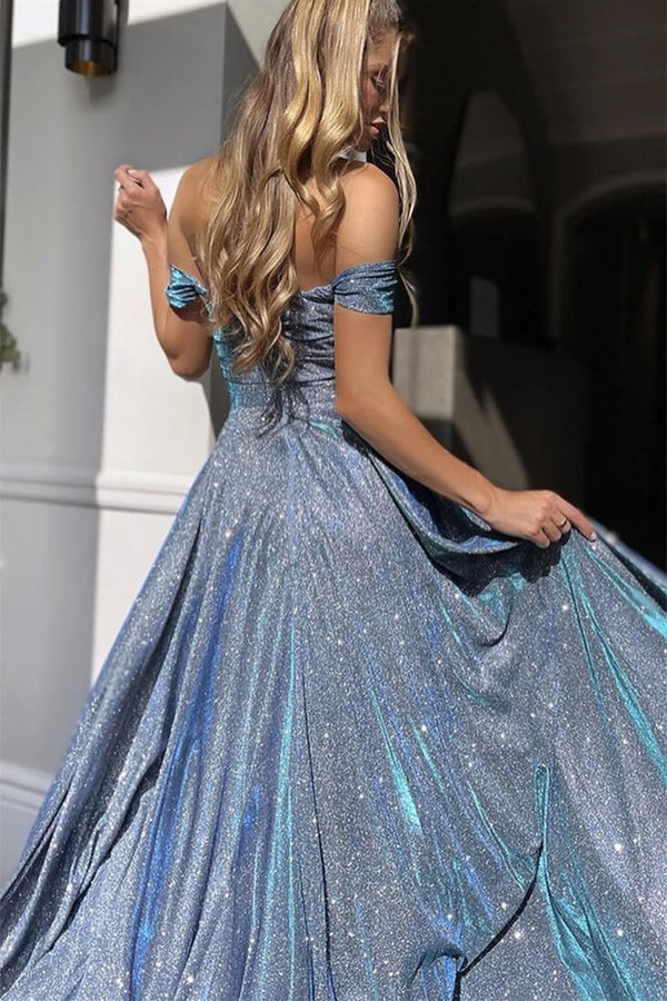 Mermaid Front Split Prom Dress UK with Sequin Off-The-Shoulder V-Neck-ballbellauk