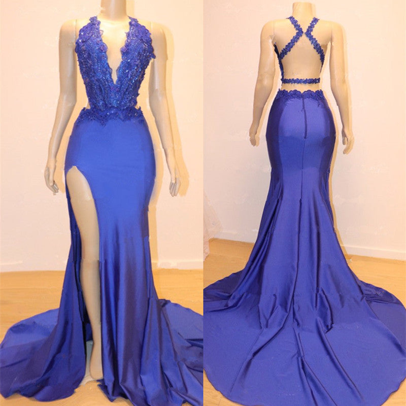 Mermaid Halter Blue Long Prom Dress UK with Lace Appliques-ballbellauk